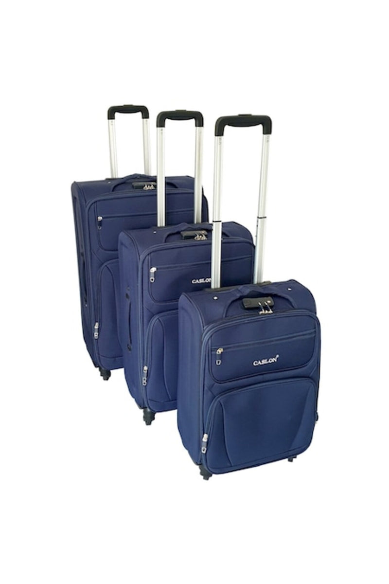 Set de 3 valize tip troler, material textil, 4 roți, bleumarin, 3 ...